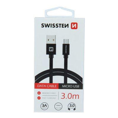 Swissten kabel TextilemICRO USB 3,0m, černá – Zboží Mobilmania