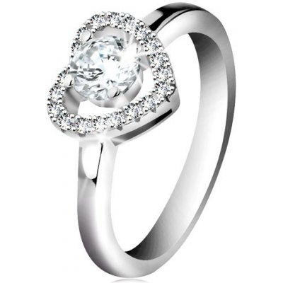 Šperky Eshop Rhodiovaný prsten stříbro, blýskavá kontura srdce a kulatý zirkon čiré barvy K01.12