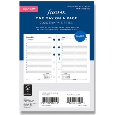 Filofax Denní kalendář 2026 den/1 strana Aj náplň kapesních diářů formát A7 – Zboží Živě