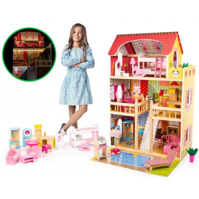 Mamido Domeček pro panenky Stacy XXXL 90cm s bazénem + LED osvětlění 16ks Nábytku – Zboží Dáma