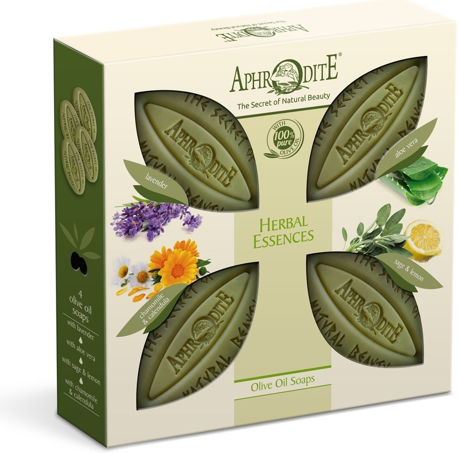 Aphrodite 100% přírodní olivová mýdla Bylinné esence Aloe Vera & Máta a citrón & Levandule & Heřmánek a Měsíček 4 x 85 g dárková sada