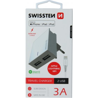 SWISSTEN SÍŤOVÝ ADAPTÉR SMART IC 2x USB 3A POWER + DATOVÝ KABEL USB / LIGHTNING MFi 1,2 M BÍLÝ – Hledejceny.cz