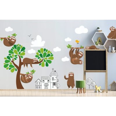 DumDekorace Krásná velká nálepka na zeď do dětského pokoje lenochodí rodinka 100 x 200 cm