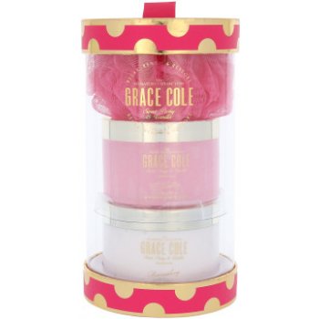 Grace Cole Sweet Peony & Vanilla Luxury tělové máslo Nourishing 300 ml + tělový peeling Exfoliating 300 ml + mycí houba dárková sada