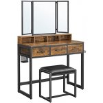 Vasagle Toaletní kosmetický stolek se zrcadlem a taburetem rustikální hnědá černá RVT004B01 – Zboží Dáma