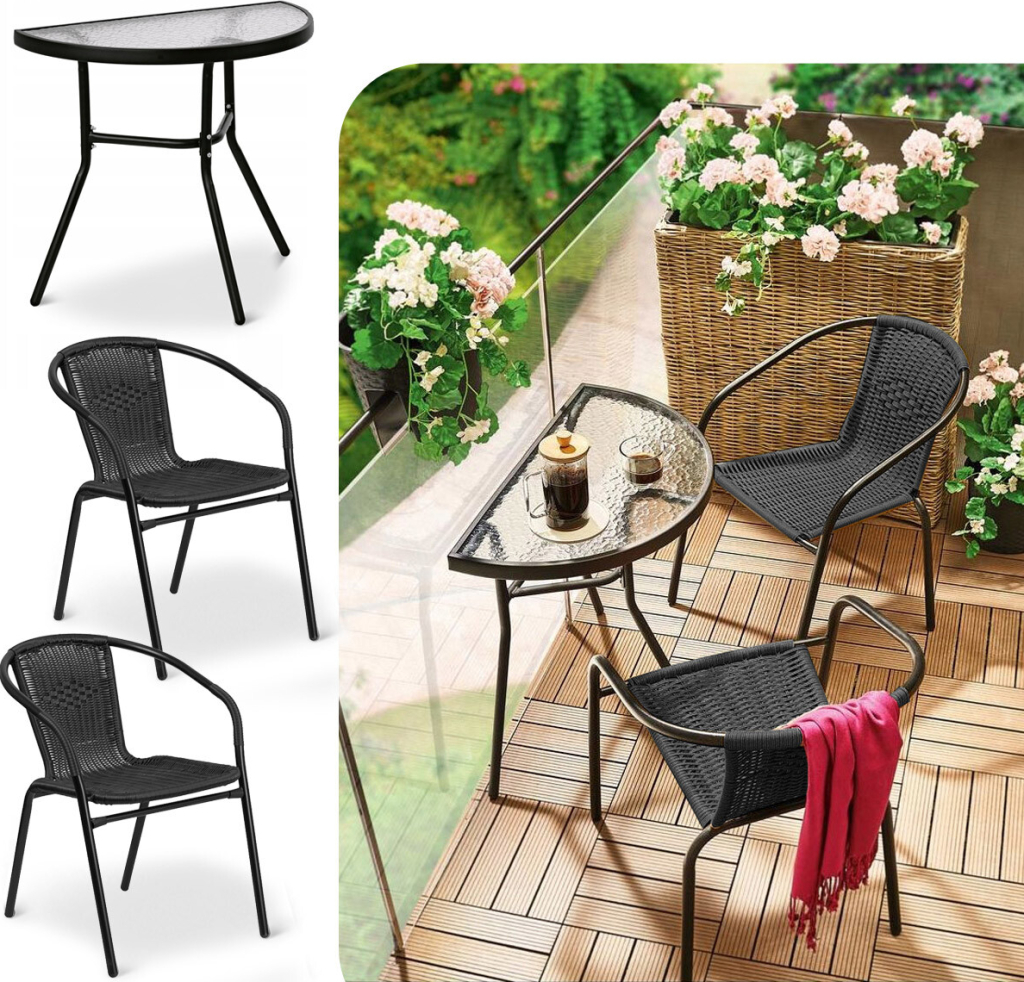 Crossheim C25006 Set Půlkulatý stůl + 2 židle PE rattan, černý