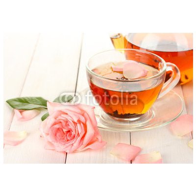 WEBLUX 45691138 Fototapeta plátno teapot and cup of tea with roses on white wooden table čajová konvice a šálek čaje s růží na bílém dřevěném stole rozměry 174 x 120 cm – Zbozi.Blesk.cz