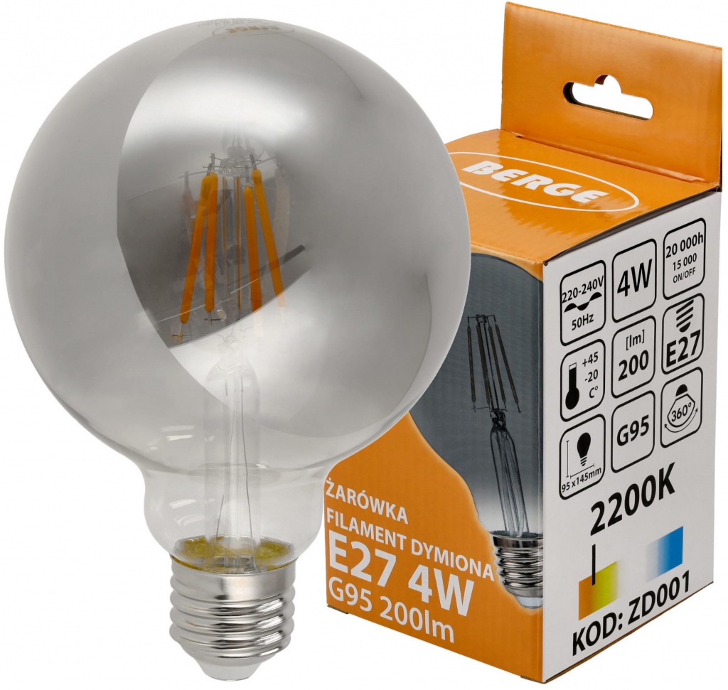 BERGE LED žárovka G95 E27 4W FILAMENT kouřová teplá bílá ZD001