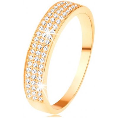 Šperky Eshop Zlatý prsten širší pás vykládaný třemi liniemi čirých zirkonků S3GG111.70