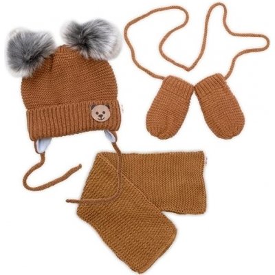 Baby Nellys Dětská sada zimní čepice s šálou rukavičky 3D Teddy Bear hnědá – Sleviste.cz