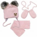 Baby Nellys Dětská sada zimní čepice s šálou rukavičky 3D Teddy Bear pudrově růžová – Zboží Mobilmania