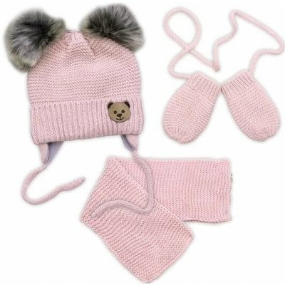 Baby Nellys Dětská sada zimní čepice s šálou rukavičky 3D Teddy Bear pudrově růžová – Zboží Mobilmania
