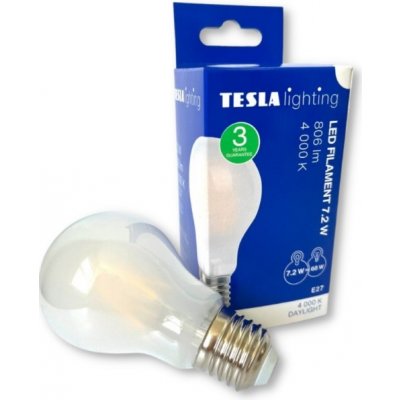 Tesla LED žárovka FILAMENT BULB E27, 7,2W, 230V, 806lm, 4000K denní bílá, 360st, mléčná – Hledejceny.cz