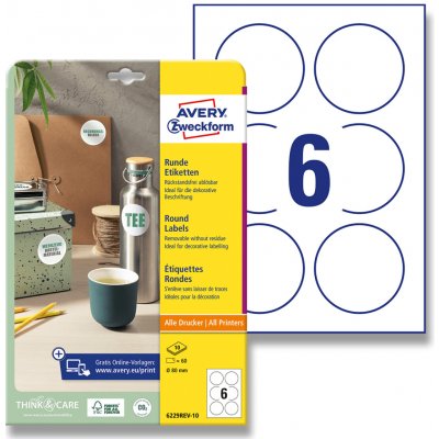 Avery Zweckform 6229REV-10 nepermanentní kulaté etikety průměr 80 mm 60 etiket bílá – Sleviste.cz