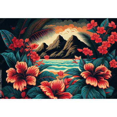 WEBLUX 557498662 Fototapeta plátno Hawaiian style pattern with hibiscus flowers and lush vegetation ideal for exotic backgrounds rozměry 174 x 120 cm – Hledejceny.cz