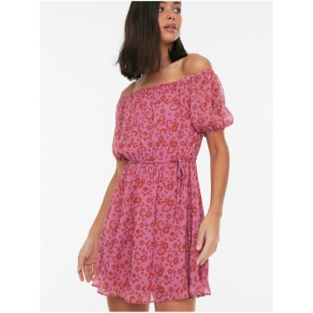 Trendyol dámské vzorované krátké šaty s odhalenými rameny růžové