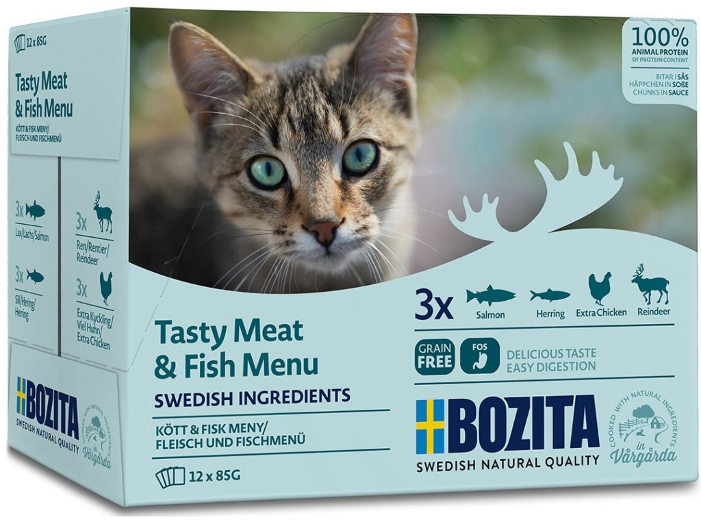 Bozita Kousky v omáčce pro koťata míchané balení masové a rybí menu 12 x 85 g