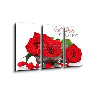 Obraz 3D třídílný - 90 x 50 cm - Red roses and petals in a wooden spa bowl Červené růže a okvětní lístky v dřevěné lázni – Zboží Mobilmania