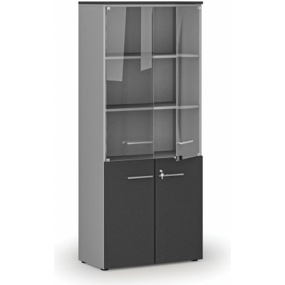 Primo Kombinovaná kancelářská skříň s dřevěnými a skleněnými dveřmi GRAY, 1781 x 800 x 420 mm, šedá/grafit – Hledejceny.cz