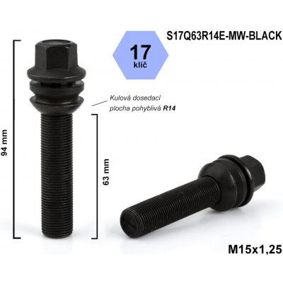 Kolový šroub M15x1,25x63 kulový R14, pohyblivá plocha, klíč 17, S17Q63R14E-MW-BLACK, výška 94 mm, černý