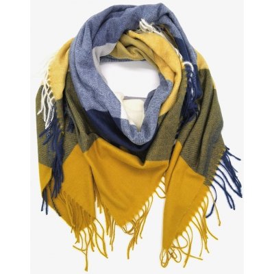 Classic Scarf dámská / pánská žlutá modrá šedá kostkovaná vlněná šála / čtvercový šátek karo a třásně