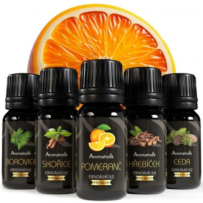 Aromaholik Vánoční sada esenciálních olejů Plus 5 x 10 ml pomeranč, skořice, borovice, cedr, hřebíček – Hledejceny.cz
