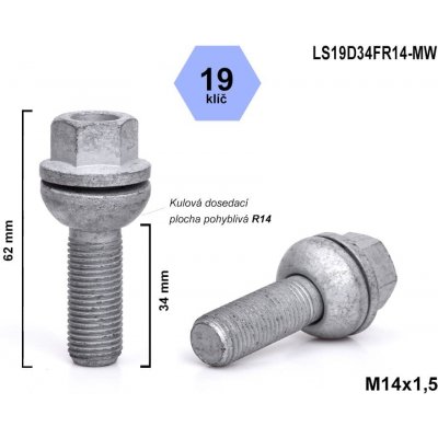 Kolový šroub M14x1,5x34 koule R14 pohyblivá, VW, SEAT, klíč 19, LS19D34FR14-MW výška 62 | Zboží Auto