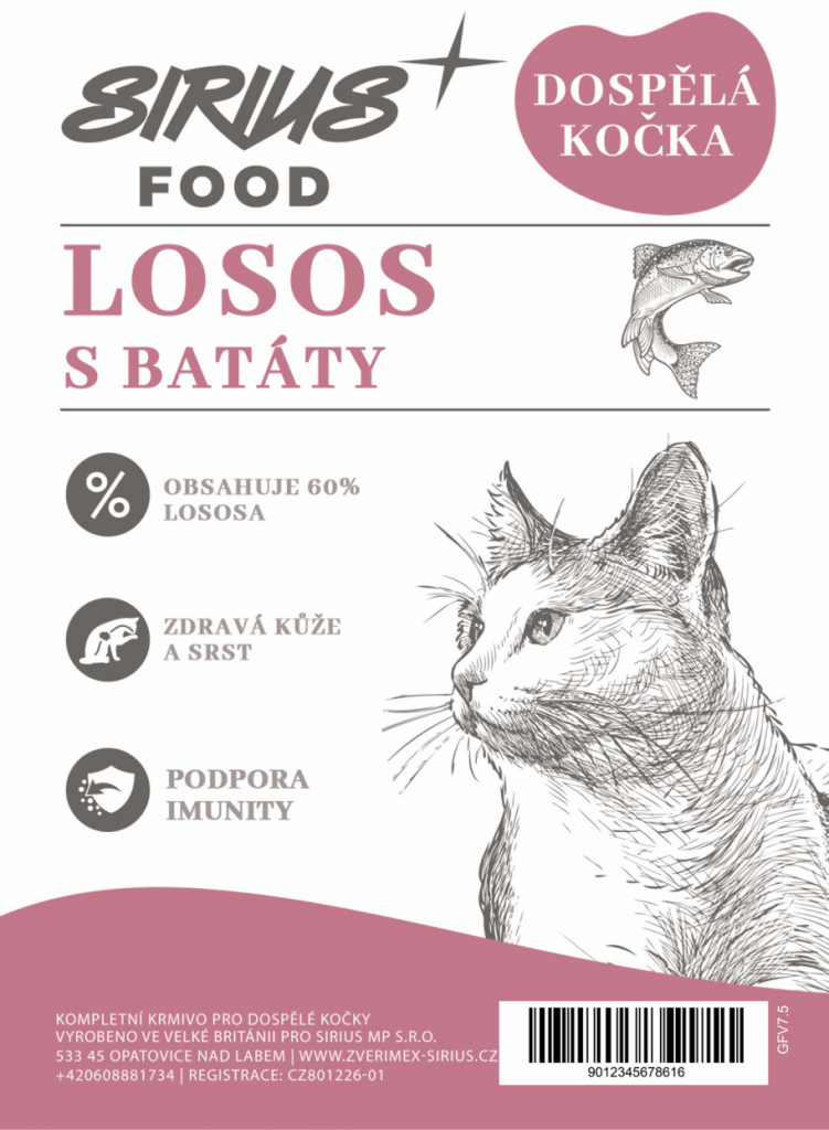 Sirius Food Grain Free dospělá kočka losos s batáty 7,5 kg