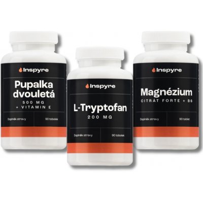 Inspyre Pupalka dvouletá 500 mg + Vitamín E, 90 tobolek + Inspyre L-Tryptofan 200 mg, 90 tobolek + Inspyre Magnézium citrát Forte + B6, 90 tablet (set)