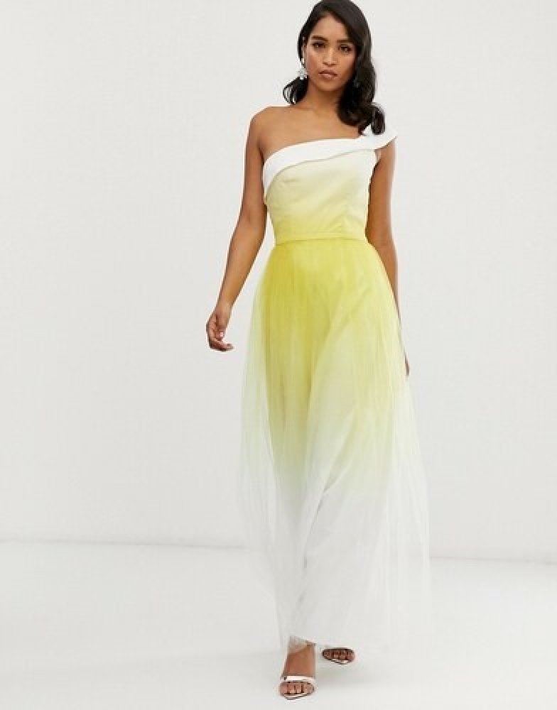 Chi Chi London luxusní maxi šaty na jedno rameno s tylovou sukní yellow  white ombre | Srovnanicen.cz