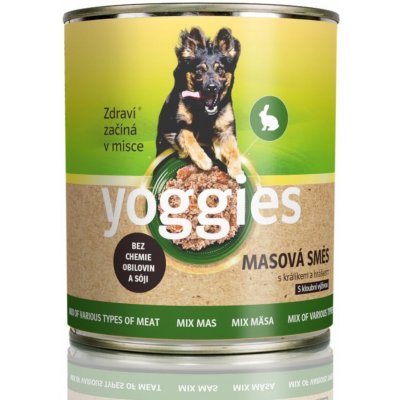 Yoggies konzerva pro psy s masovou směsí (kuře, vepřové, hovězí) králíkem a hráškem 800g