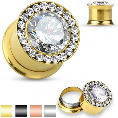 Šperky eshop ocelový plug do ucha velký čirý zirkon malé zirkonky R06.08 černá – Zboží Dáma