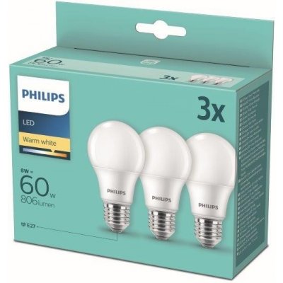Philips LED sada žárovek 3x8W-60W E27 806lm 2700K set 3ks, bílá