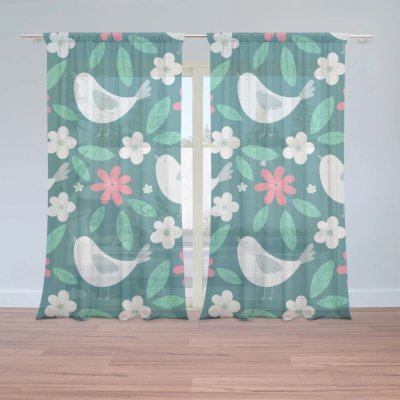 Sablio Záclony Červené kvítí s ptáčky: 2ks 150x250cm – Hledejceny.cz