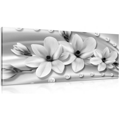Obraz luxusní magnolie s perlami v černobílém provedení - 100x50 – Zboží Mobilmania