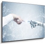 Skleněný obraz 1D - 100 x 70 cm - Human and robot hands reaching out, network Lidské a robotické ruce natahující ruku, síť