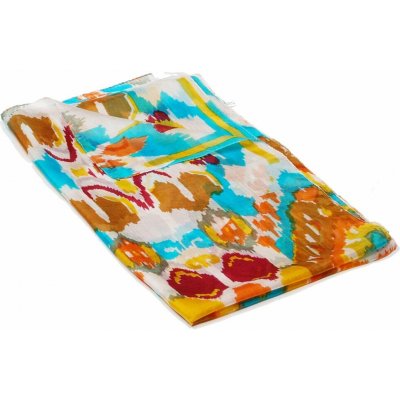 Hedvábná šála s potiskem s oranžovou žlutou a tyrkysovou – Zboží Dáma