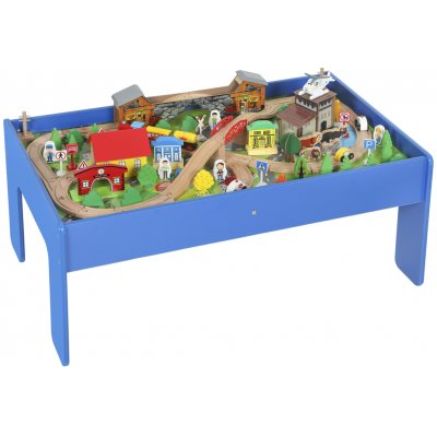 Aiyaplay Hrací stůl 108dílná dřevěná vláčkodráha s odnímatelnou deskou vláčkodráha 98x60,5x40 cm modrá – Hledejceny.cz