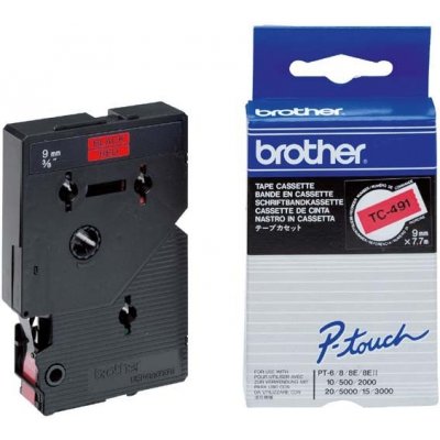 Brother TC-491, 9mm, černý tisk/červený podklad - originální páska laminovaná – Zboží Mobilmania