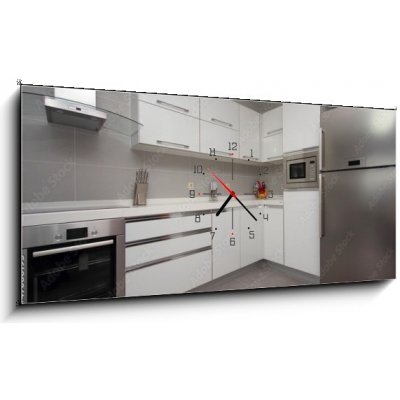 Obraz s hodinami 1D panorama - 120 x 50 cm - New modern kitchen Nová moderní kuchyně – Zboží Mobilmania