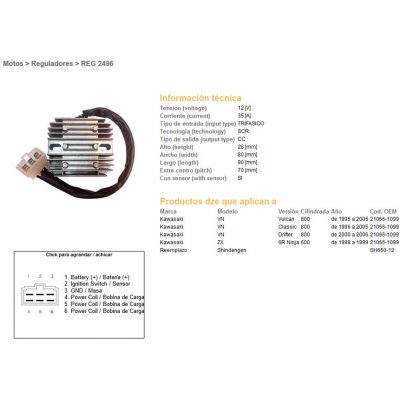 DZE regulátor napětí KAWASAKI VN 800 VULKAN 95-05; VN 800 CLASSIC 96-05; VN 800 DRIFTER 00-06; ZX6R 98-92 (35A) (ESR263) (OEM:21066-1099) (SH650-12) | Zboží Auto