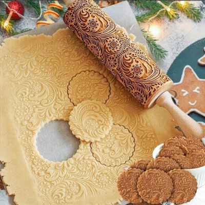 Váleček na těsto s vánočním 3D gravírovaným vzorem, dřevěný, 22 cm – Hledejceny.cz