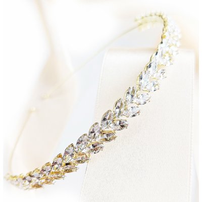 Svatební čelenka zlatá s lesklými listy – Sleviste.cz