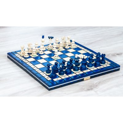 Dřevěný šach Dámský gambit modrý – Zboží Živě
