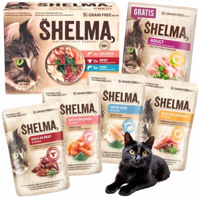 Shelma Cat kuřecí hovězí losos treska 12 x 85 g – Sleviste.cz