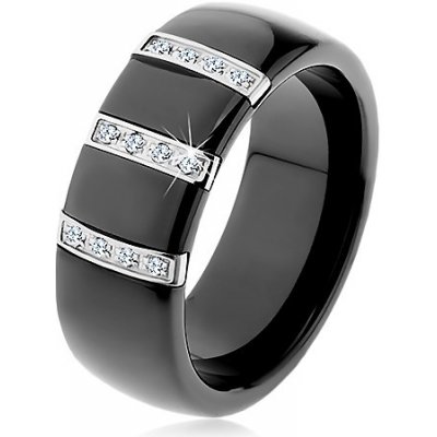 Šperky eshop Černý keramický prsten s hladkým povrchem tři ocelové pásy se zirkony H1.9 – Zboží Mobilmania