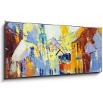 Obraz s hodinami 1D panorama - 120 x 50 cm - an original oil painting on canvas cubism style, parto of cubism landscapes collection, jut and ordinary day in the city, ur – Hledejceny.cz