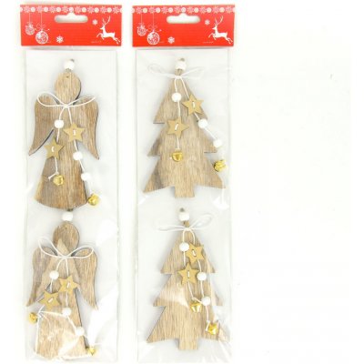 Autronic Andělíček nebo stromeček, vánoční dřevěná dekorace s rolničkami, 2 kusy v sáčku, AC7143