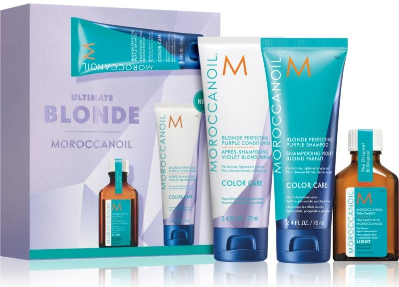 Moroccanoil Color Care Treatment Light olej 25 ml + Blonde Perfecting fialový šampon 70 ml + Blonde Perfecting fialový kondicionér 70 ml dárková sada