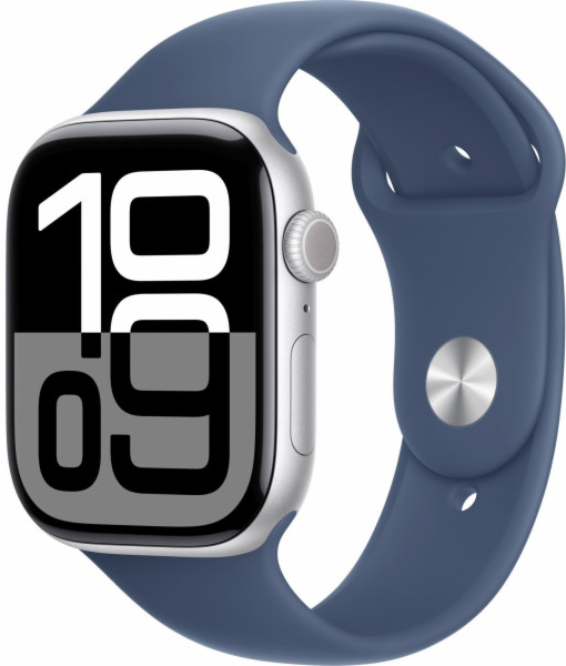 Apple Watch Series 10 46mm stříbrný hliník s denimovým sportovním řemínkem MWWM3ET/A